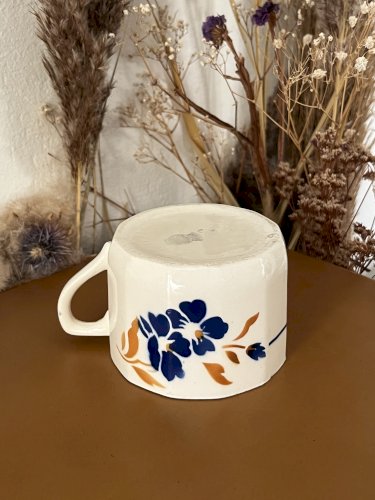 Authenticité - Tasse à café/thé  Fleurs bleues/orange - 9,5 cm - Badonviller 