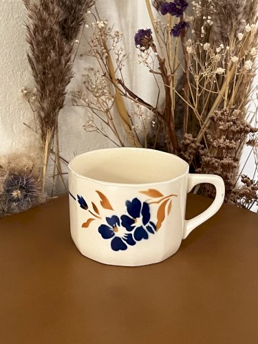 Authenticité - Tasse à café/thé  Fleurs bleues/orange - 9,5 cm - Badonviller 