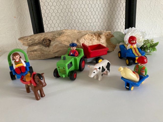 AV7⚜️Lot de Véhicules Playmobil 123 Tracteur Avec Remorque Quad Ouvrier Brouette