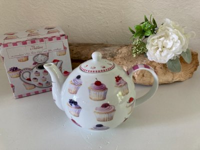 AV7⚜️Théière en Porcelaine Avec Filtre Métallique Cupcakes Neuve Capacité 1000Ml