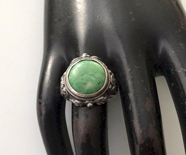 Bague Argent Massif Turquoise Ancienne Antique Floral 19ème Taille 54.5 Poinçon