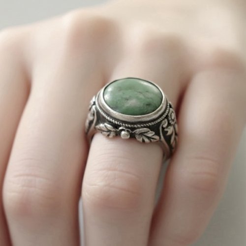 Bague Argent Massif Turquoise Ancienne Antique Floral 19ème Taille 54.5 Poinçon