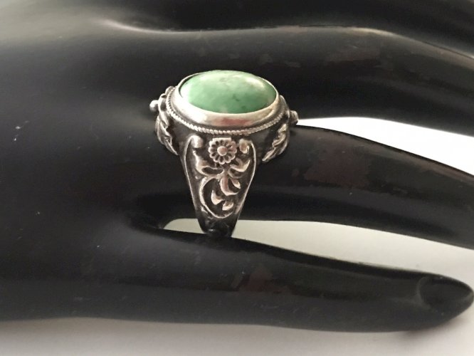 Bague Argent Massif Turquoise Ancienne Antique Floral 19ème Taille 54.5 Poinçon