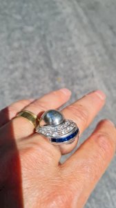 Bague art déco Tank en argent avec saphir bleu et zirconium