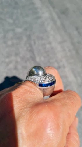 Bague art déco Tank en argent avec saphir bleu et zirconium