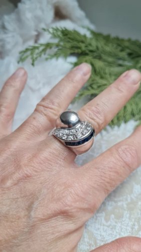 Bague art déco Tank en argent avec saphir bleu et zirconium