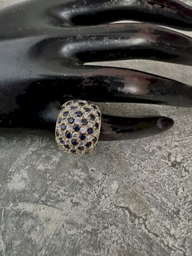 Bague cocktail taille 50 Fr strass bleu saphir & cristal blanc vintage Chic