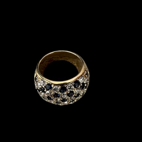 Bague cocktail taille 50 Fr strass bleu saphir & cristal blanc vintage Chic