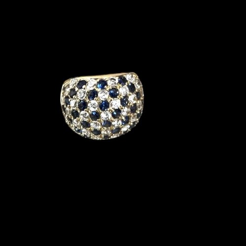 Bague cocktail taille 50 Fr strass bleu saphir & cristal blanc vintage Chic