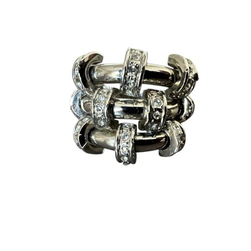 Bague fantaisie chromée strass entrelace vintage couture taille 58 large design