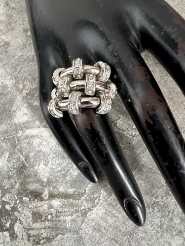 Bague fantaisie chromée strass entrelace vintage couture taille 58 large design