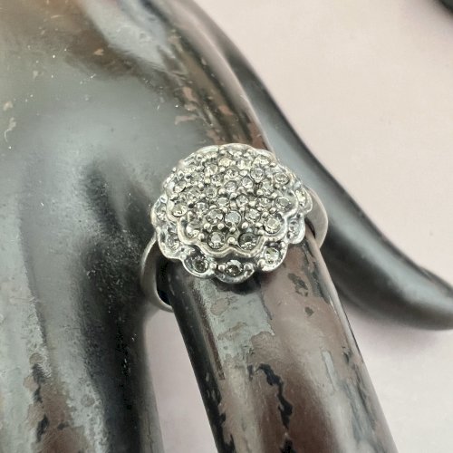 Bague Fleur, Argent- Massif Noirci- Cristal - Taille 54,5 Fr. Vintage, Style