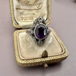 Marquise ring circa 1980 silver - marcasites - Vintage Amethyst Size 55/17.7mm