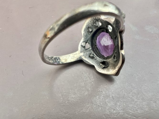 Bague Marquise vers 1980 argent -marcassites- Améthyste Vintage Taille 55/17,7mm