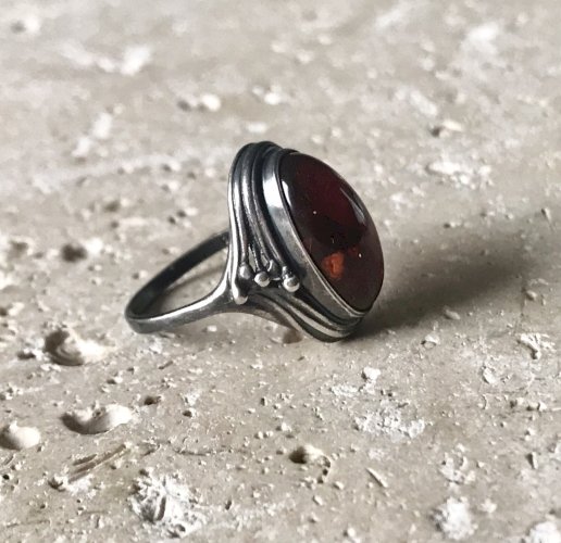 Bague Style Art Nouveau Argent 925 Cabochon Ambre  Vintage Antique Taille 52.5