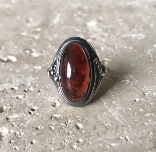 Bague Style Art Nouveau Argent 925 Cabochon Ambre  Vintage Antique Taille 52.5