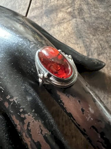 Bague Style Art Nouveau Argent 925 Cabochon Ambre  Vintage Antique Taille 52.5