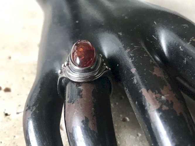 Bague Style Art Nouveau Argent 925 Cabochon Ambre  Vintage Antique Taille 52.5