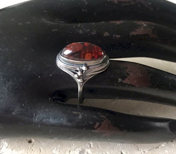 Bague Style Art Nouveau Argent 925 Cabochon Ambre  Vintage Antique Taille 52.5