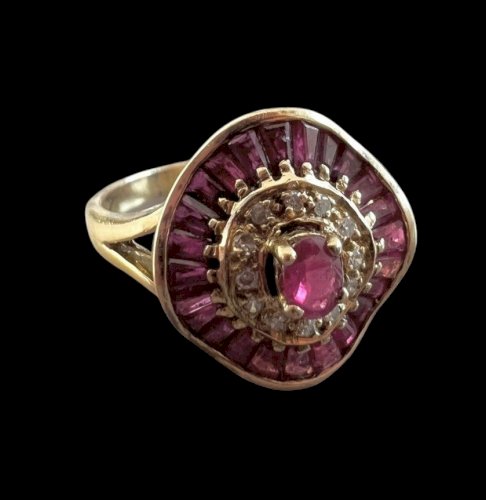 Bague vintage style art deco or 18k rubis /diamants Vintage Taille 56 FR / 5,3 g