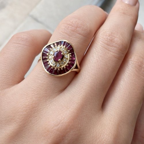 Bague vintage style art deco or 18k rubis /diamants Vintage Taille 56 FR / 5,3 g