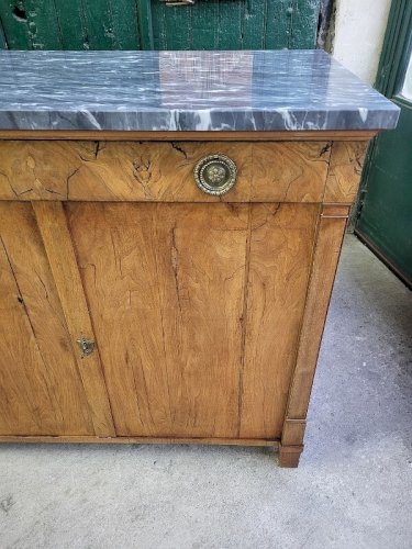BAHUT 2 PORTES 1 TIROIR EN NOYER BLOND DIRECTOIRE PLATEAU MARBRE
