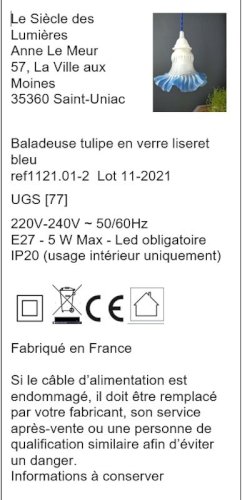 Baladeuse Tulipe en verre dépoli, liseré bleu azur – Vintage 1950