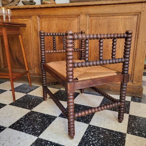 Banc paillé en bois tourné