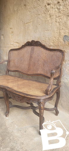 Banquette cannée en rotin Louis XV, époque XIXème