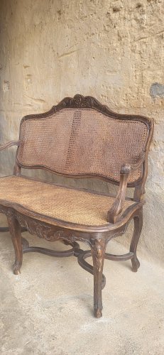 Banquette cannée en rotin Louis XV, époque XIXème