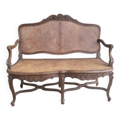 Banquette cannée en rotin Louis XV, époque XIXème
