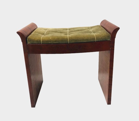 Banquette de piano  art déco en acajou moucheté recouvrement velours .XX siècle.