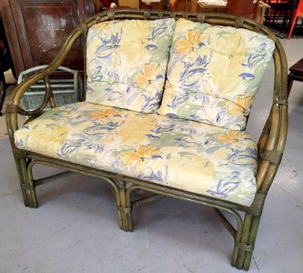 BANQUETTE en ROTIN Vert Vintage Avec coussins Meuble 14MAG 01/03