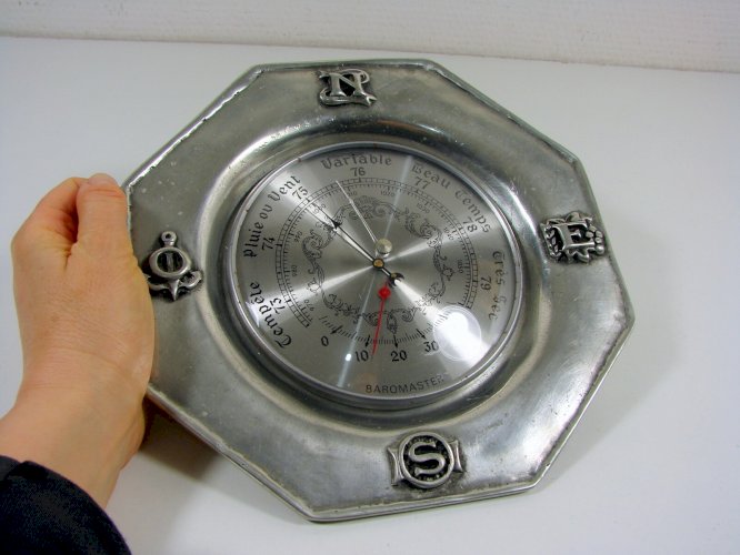 Baromètre / Thermomètre Assiette Octogonale Etain, Poinçons D - 24 cm