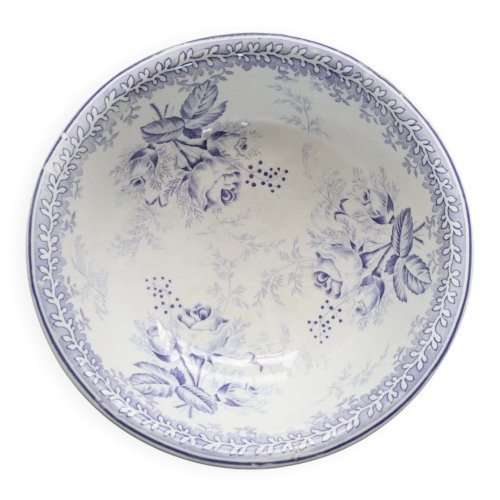 Bassine ancienne en faïence blanche et violette - Décor floral