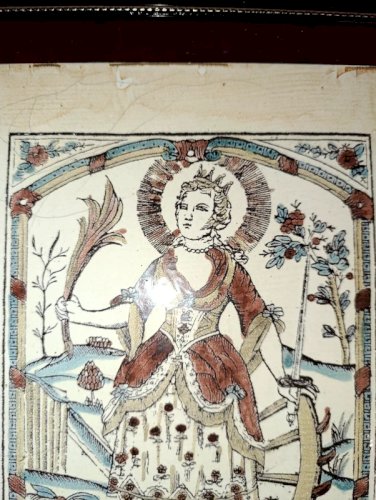 beau cadre avec plaque en ceramique villeroy et boch decor sainte catherine en bon etat