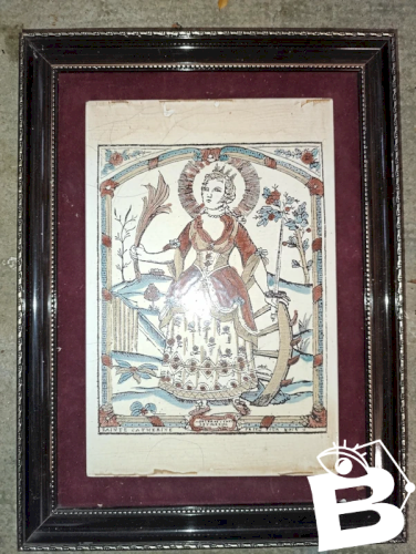 beau cadre avec plaque en ceramique villeroy et boch decor sainte catherine en bon etat