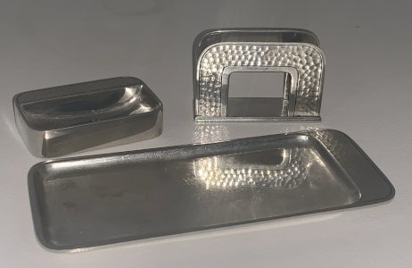 Beautiful little modernist Art Deco desk set in stamped metal.