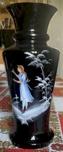 Beautiful enamelled Bohemian glass vase Mary Gregory Victorian decor 1900's