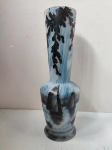 beautiful painted glass vase with boat and landscape decoration in good condition
