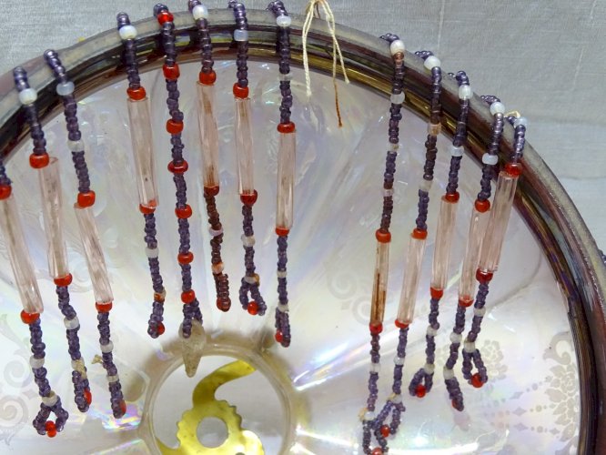 -BEL ABAT-JOUR SUSPENSION VERRE IRISE VIEUX ROSE PAMPILLES PERLES DE VERRE   D