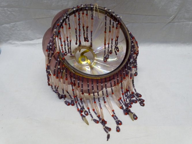 -BEL ABAT-JOUR SUSPENSION VERRE IRISE VIEUX ROSE PAMPILLES PERLES DE VERRE   D