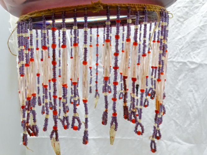 -BEL ABAT-JOUR SUSPENSION VERRE IRISE VIEUX ROSE PAMPILLES PERLES DE VERRE   D