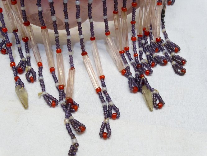 -BEL ABAT-JOUR SUSPENSION VERRE IRISE VIEUX ROSE PAMPILLES PERLES DE VERRE   D
