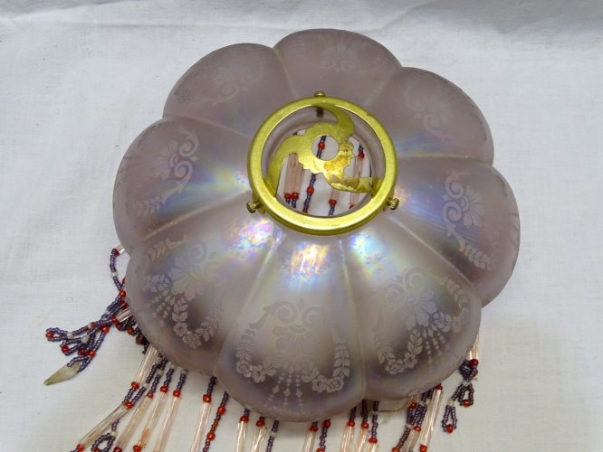 -BEL ABAT-JOUR SUSPENSION VERRE IRISE VIEUX ROSE PAMPILLES PERLES DE VERRE   D