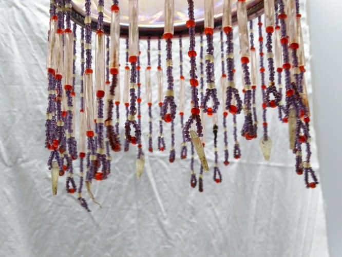 -BEL ABAT-JOUR SUSPENSION VERRE IRISE VIEUX ROSE PAMPILLES PERLES DE VERRE   D