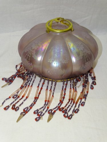 -BEL ABAT-JOUR SUSPENSION VERRE IRISE VIEUX ROSE PAMPILLES PERLES DE VERRE   D
