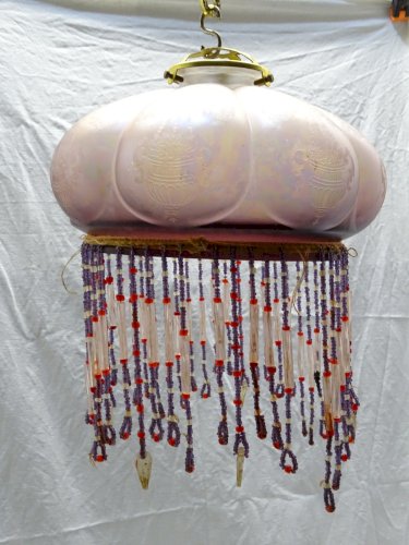 -BEL ABAT-JOUR SUSPENSION VERRE IRISE VIEUX ROSE PAMPILLES PERLES DE VERRE   D