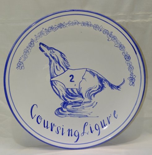-BELLE ANCIENNE ASSIETTE ALBISOLA COURSING LIGURE PEDIGREE PAL CHIEN de COURSE D