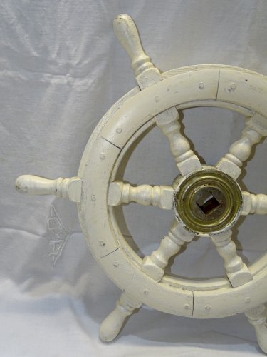 -BELLE ANCIENNE BARRE ROUE DE BATEAU BOIS PEINT BLANC CENTRE LAITON déco   D